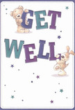 There's a sense of playful support and Coulsdon warmth in this charming get well card, where an animated teddy bear and a lively puppy join forces to offer comfort. The card's design is filled with vibrant, expressive detail-the bear, rendered with soft, welcoming fur, leans affectionately over the first half of the bold 'GET WELL,' while the floppy-eared puppy steadies the remaining letters with a hopeful gaze. Background hues of clean white are animated by twinkling stars in shades of blue and purple, sprinkling the scene with extra magic and well wishes. The indigo and teal typography pops with energy, capturing attention and imbuing the message with optimism. Each aspect of the illustration feels thoughtfully composed, similar to the way Coulsdon's florists select every stem for healing bouquets delivered around Woodcote Grove. The overall impression is one of innocence, gentleness, and community care-perfect to accompany a fresh bouquet, and to remind someone in recovery that they're supported, cherished, and remembered by friends nearby.