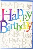 The image shows a beautifully designed birthday card that blends bold colour with elegant detail, much like a well-curated window display on Coulsdon's high street. At the centre, the words Happy Birthday sweep across the card in large, confident letters that immediately catch the eye. Each letter is filled with a bright, saturated colour, progressing through a rainbow from cherry red and rosy pink into warm orange, golden yellow, fresh lawn green, cool aqua, and regal purple. The hues merge softly where they meet, creating a smooth, almost velvety gradient that feels cheerful and inviting rather than loud. The lettering has a slight raised quality, suggesting that it would feel pleasantly textured to the touch, like high-quality card stock embossed with care. Behind this vibrant headline, the background is alive with fine golden script repeating Happy Birthday to you in a flowing, cursive hand. The gold ink shimmers gently under the light, offering a subtle, sophisticated sparkle reminiscent of fairy lights at an evening celebration in a Coulsdon garden. The script forms tidy, horizontal bands across the surface, adding both pattern and depth without distracting from the main message. Within the curves of the letters, tiny flecks of shine catch the eye, echoing the look of delicate glitter woven into elegant wrapping paper. Together, the rainbow headline and the golden script create a harmonious balance of fun and refinement. This is the sort of card you might choose alongside a bright bouquet from a local Coulsdon florist, sending a birthday wish that feels as joyful, polished, and memorable as the occasion deserves.